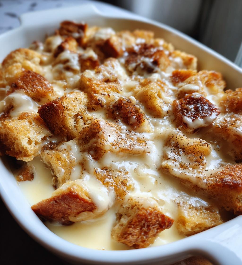 grandmas old fashioned bread pudding with vanilla sauce