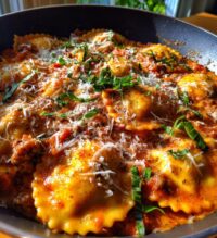 one pot ravioli in a creamy tomato beef sauce