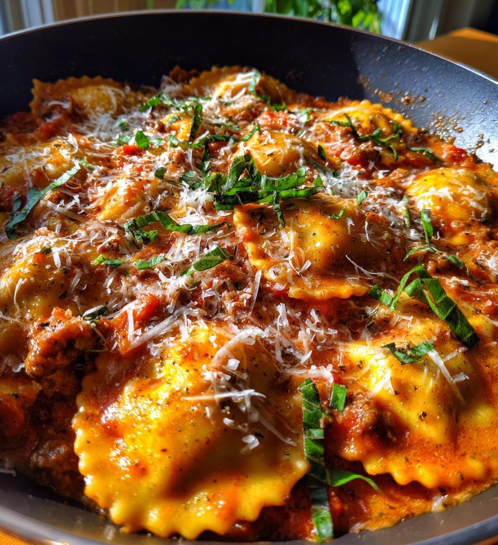 one pot ravioli in a creamy tomato beef sauce