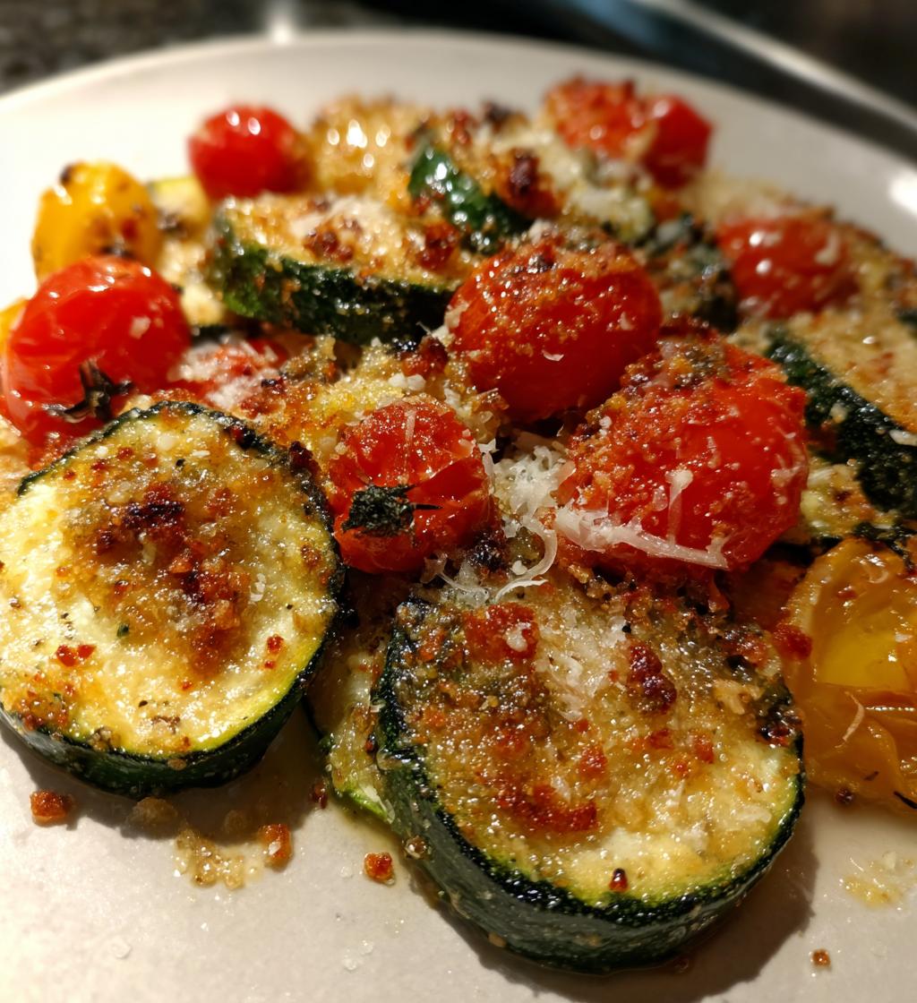 roasted garlic parmesan zucchini squash and tomatoes