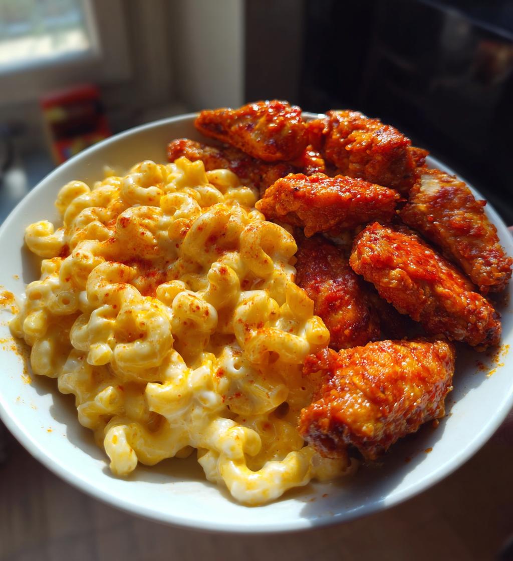 spicy hot wings and creamy mac n cheese
