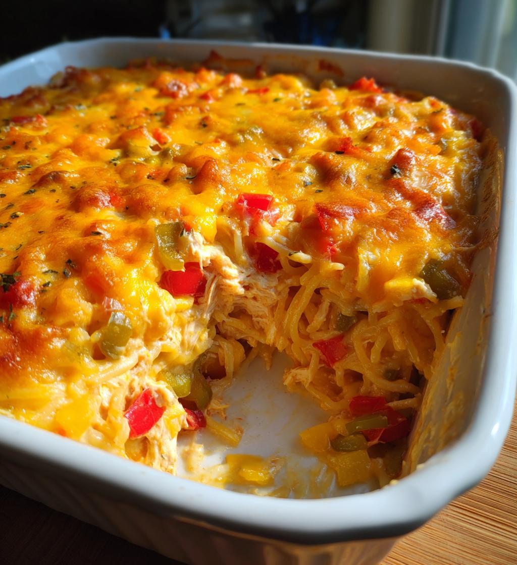 spicy southern cheesy chicken spaghetti casserole