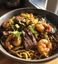 steak shrimp teriyaki noodles
