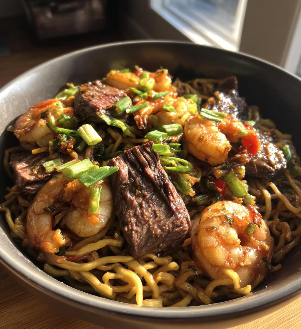 steak shrimp teriyaki noodles