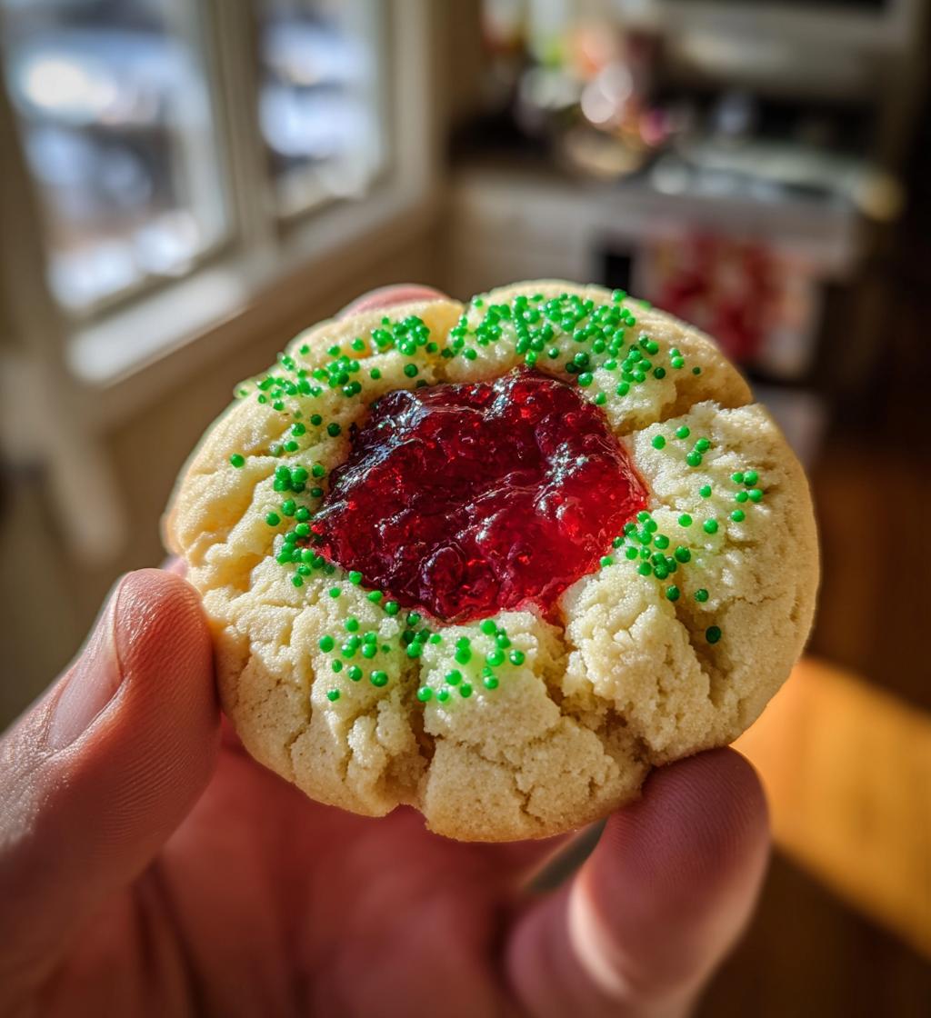 grinch thumbprint raspberry cookies