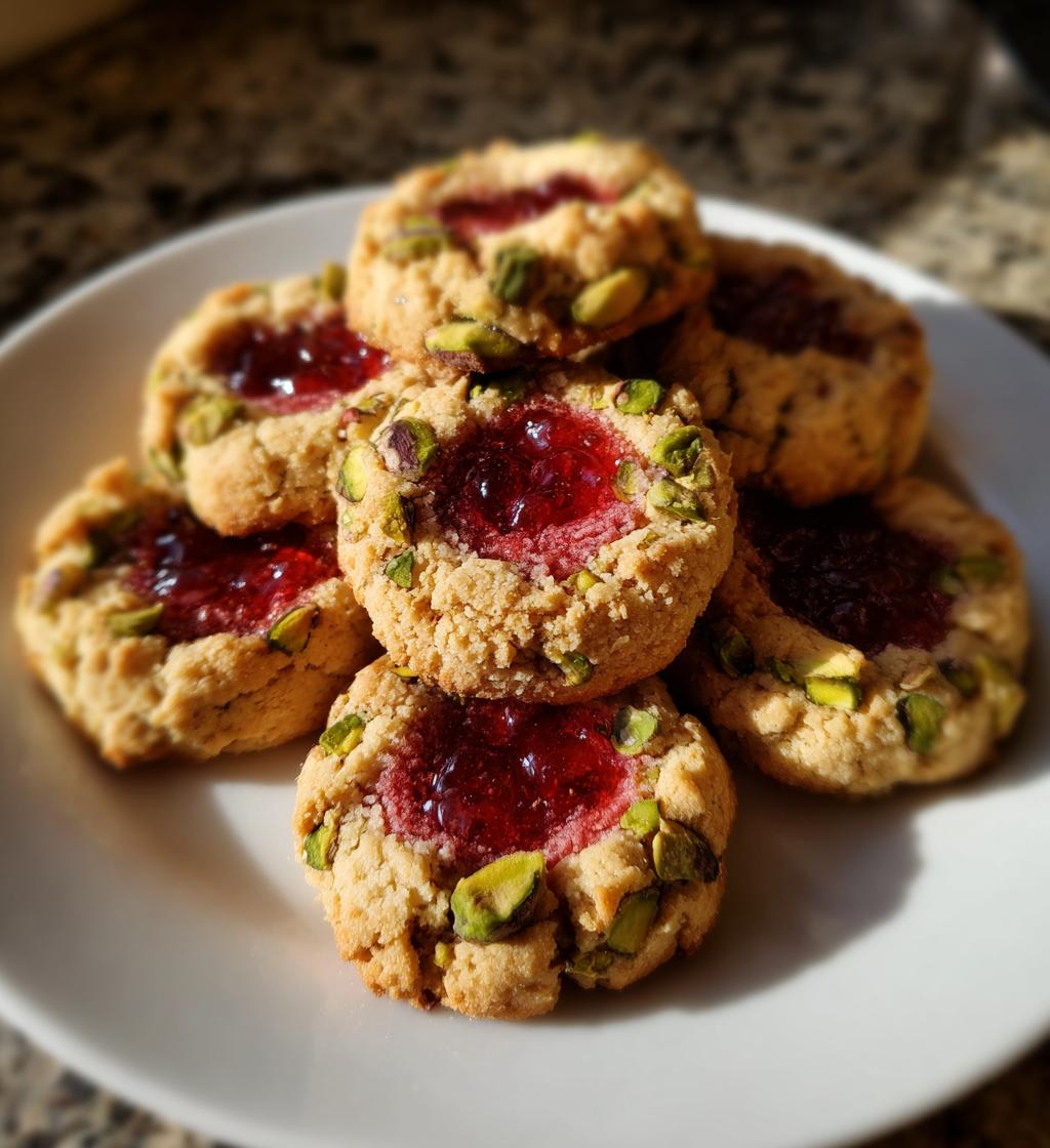 pistachio raspberry thumbprint cookies